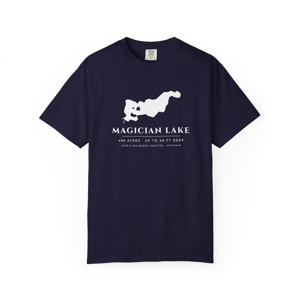 Magician Lake Map Tee · Real Shoreline and Islands · 498 Acres