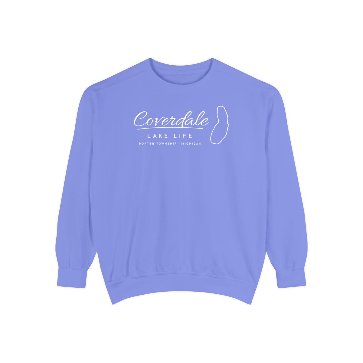 Coverdale Lake Life Crewneck Sweatshirt · Script with Real Shoreline · Porter Township, Michigan