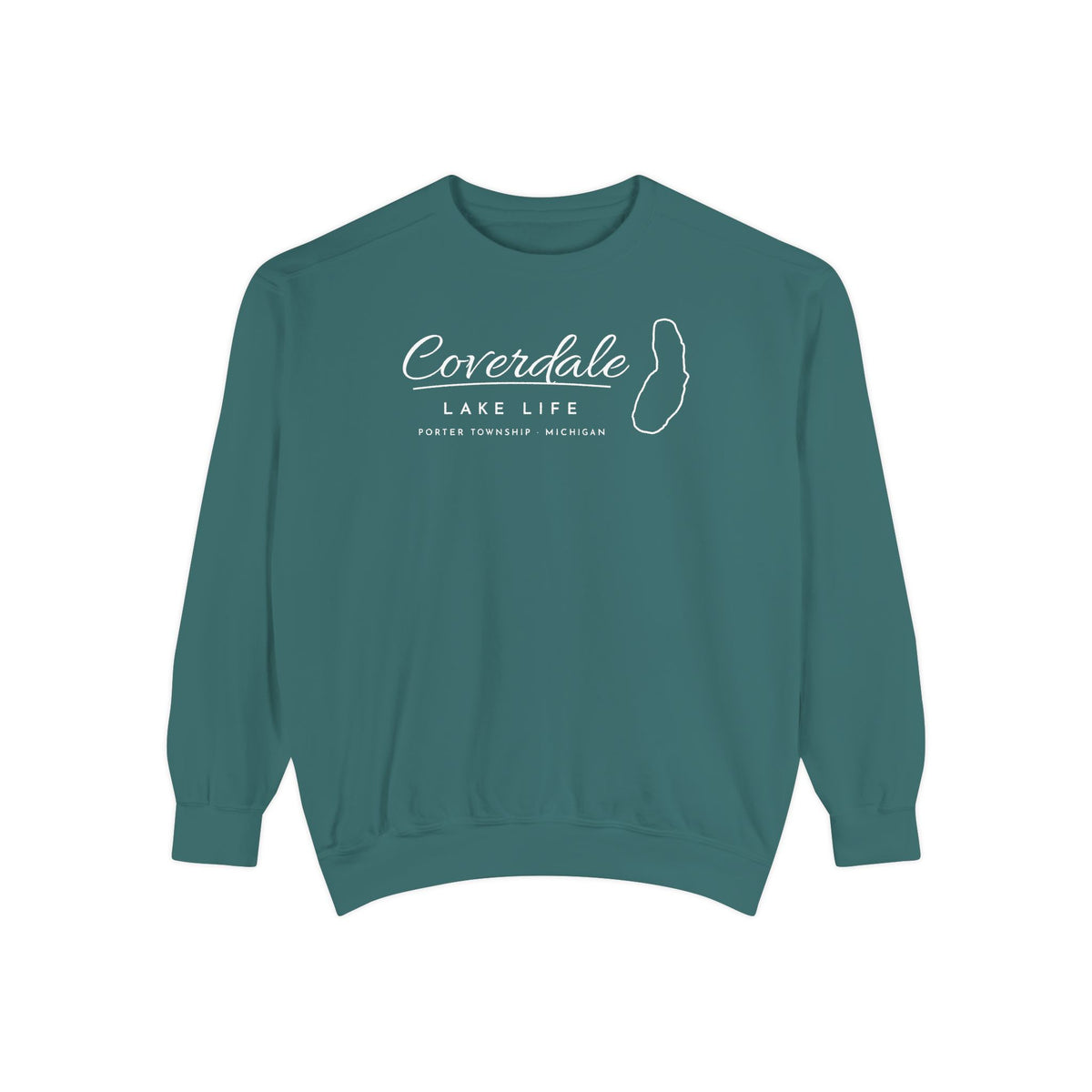 Coverdale Lake Life Crewneck Sweatshirt · Script with Real Shoreline · Porter Township, Michigan