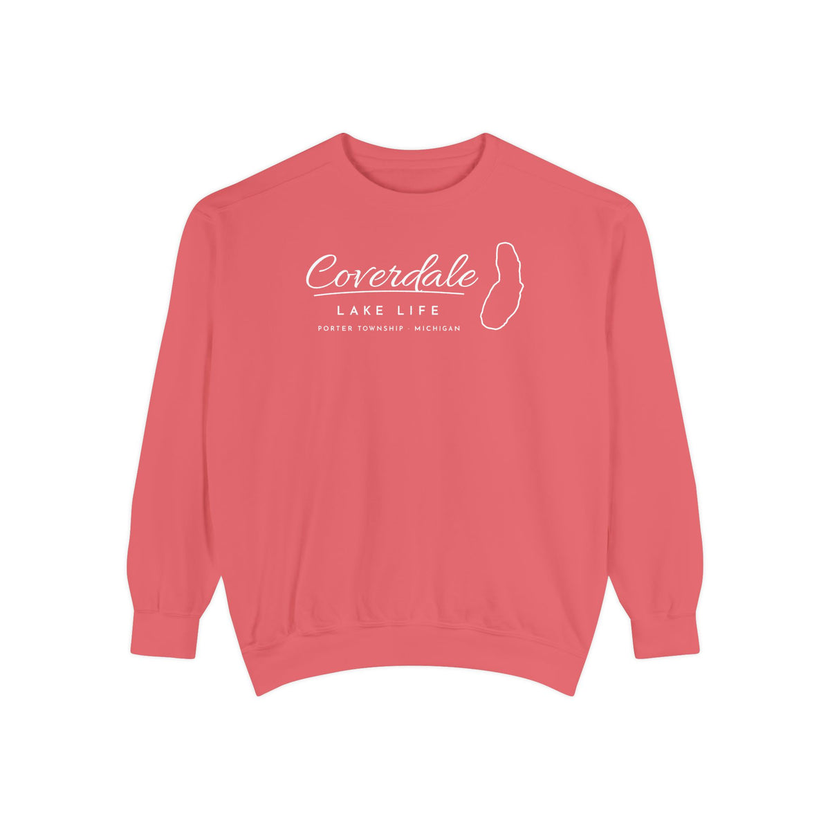Coverdale Lake Life Crewneck Sweatshirt · Script with Real Shoreline · Porter Township, Michigan
