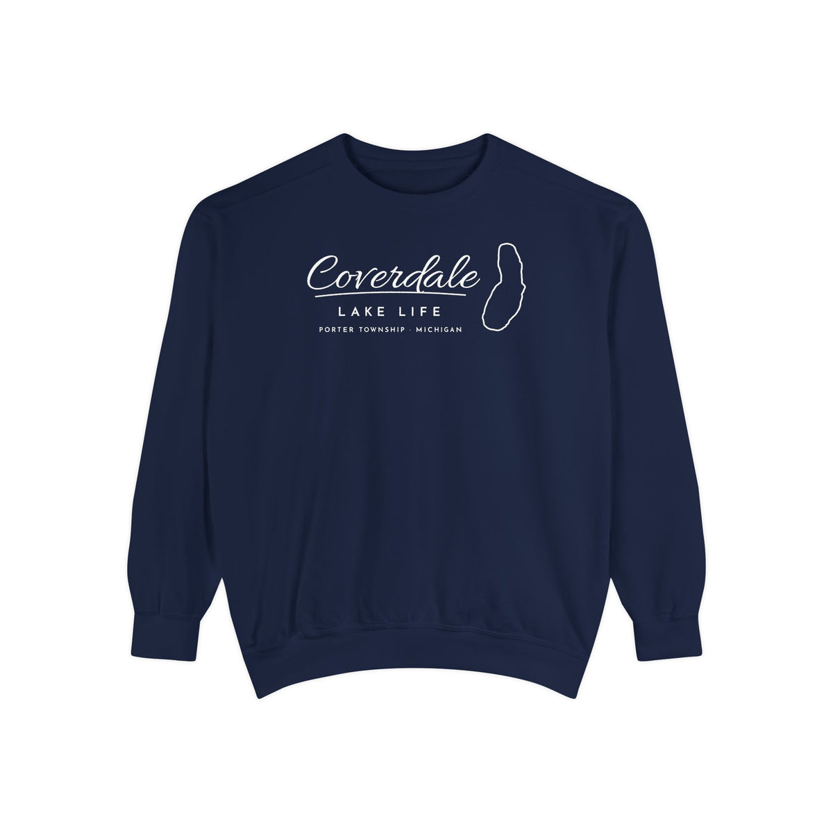 Coverdale Lake Life Crewneck Sweatshirt · Script with Real Shoreline · Porter Township, Michigan