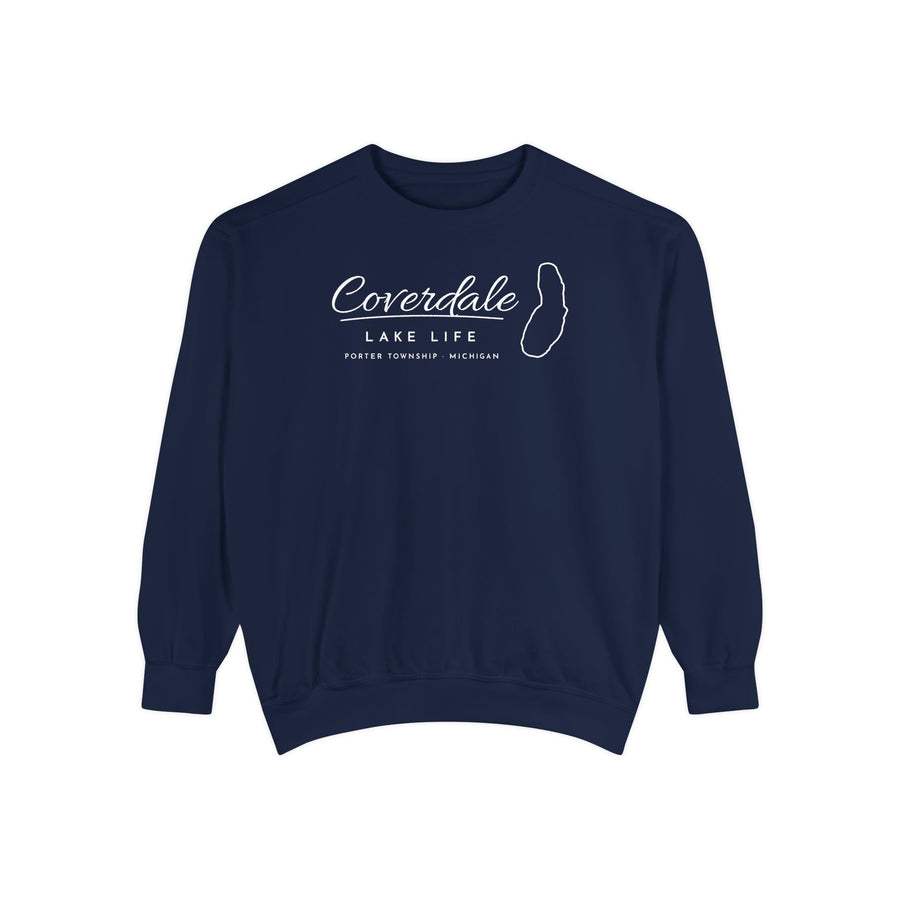 Coverdale Lake Life Crewneck Sweatshirt · Script with Real Shoreline · Porter Township, Michigan