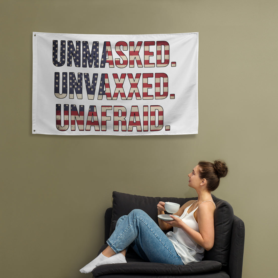 Unmasked. Unvaxxed Unafraid. Flag